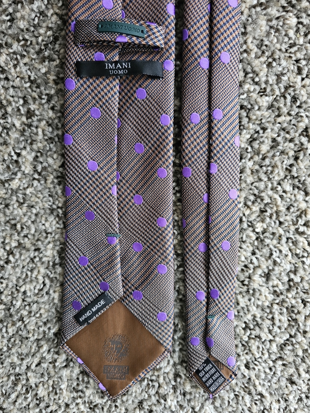 IMANI Uomo Brown Plaid Tie with Purple Polka Dots